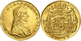 Geistlichkeiten - Salzburg
Hieronymus Graf von Colloredo 1772-1803 Dukat 1790. Mit Signatur M (Stempelschneider Franz Matzenkopf) Zöttl 3158 Probszt ...