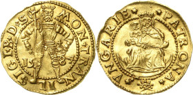 Siebenbürgen
Sigismund Bathory 1581-1602 Dukat 1584, Hermannstadt Patrona Hungariae Resch 10 Friedberg 295 GOLD. 3.51 g. Sehr selten. Gewellt, Avers ...