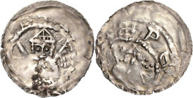 Brandenburg, Markgrafschaft
Przibislaw Heinrich 1127-1150 Dünnpfennig. Brustbild mit Schwert und Fahne von vorn, HEIN BRAND / Brustbild der Fürstin P...