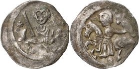 Brandenburg, Markgrafschaft
Albrecht II. 1205-1220 Denar. Brustbild mit zwei Fahnen zwischen zwei Adlerköpfen über Bogen mit drei Ringeln / Reitender...