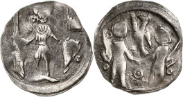 Brandenburg, Markgrafschaft
Albrecht II. 1205-1220 Denar. Stehender Markgraf hält Schwert, Fahne und Schild, links Zinnenturm, zu den Seiten je ein R...