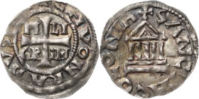 Köln
Pilgrim 1021-1036 und Kaiser Konrad II. 1024-1039 Denar Kreuz, in den Winkeln jeweils PI-LI/GR-IM, +CHVONRADVS IMP / Kirchengebäude mit spitzem ...