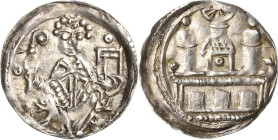 Köln
Rainald von Dassel 1159-1167 Obol Sitzender Erzbischof mit Krummstab und Buch, über dem Buch und im linken Feld je ein Ringel / Gebäude mit 3 Tü...