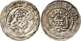 Magdeburg, Erzbistum
Konrad von Querfurt 1134-1142 Dünnpfennig Brustbild des Hl. Moritz mit Fahnenlanze und Schild, über der linken Schulter ein acht...