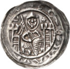 Magdeburg, Erzbistum
Friedrich I. von Wettin 1142-1152 Brakteat. Von vorn stehender Hl. Moritz hält Fahnenlanze und Schild zwischen zwei Zinnentürmen...