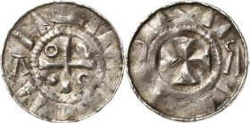 Naumburg, Bistum
Anonym Hochrandpfennig um 1025/1060. Kreuz, in den Winkeln Kugeln und Ringeln, außen Keiltrugschrift / Keilkreuz im Strichelkreis, a...