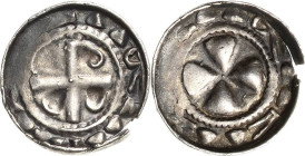 Naumburg, Bistum
Anonym Hochrandpfennig um 1065/1100. Kreuz, in den Winkeln Kugeln und Ringeln, außen Keiltrugschrift / Keilkreuz im Strichelkreis, a...