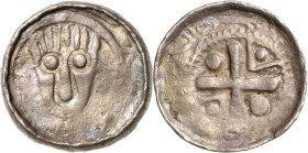Naumburg, Bistum
Anonym Hochrandobol um 1100. Kopf von vorne mit nach oben gerichteten Haaren / Kreuz mit abwechselnd Punkt sowie Punkt und Haken in ...