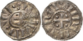 Sachsen, Herzogtum
Bernhard II. 1011-1059 Denar (Hand auf Kreuz oder nur Kreuz), BERNHAR DX / Kreuz, in den Winkeln Kugeln, LIVNIBVRHC Kilger vgl. Lü...