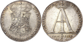Anhalt-Zerbst
Johann August 1718-1742 2/3 Taler 1728, IIG-Stolberg Feinsilber. Monogramm. PIETATE PRUDENTIA ET IUSTITIA (= Mit Frömmigkeit, Klugheit ...