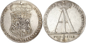 Anhalt-Zerbst
Johann August 1718-1742 2/3 Taler 1728, IIG-Stolberg Feinsilber. Monogramm. PIETATE PRUDENTIA ET IUSTITIA (= Mit Frömmigkeit, Klugheit ...