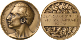 Brandenburg-Preußen
Wilhelm II. 1888-1918 Bronzemedaille 1909 (D. Stocker/Mayer & Wilhelm) 50. Geburtstag. Kopf nach links / Schriftfeld mit 3 Zeilen...