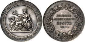 Preußen-Westpreußen
Medaillen Silbermedaille 1883 (unsigniert) Gewerbeausstellung in Konitz. Nach links sitzende Frauengestalt lehnt mit der Linken a...