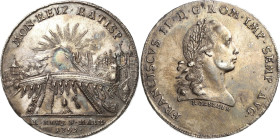 Regensburg-Stadt
 Taler 1792. Auf die Wiederherstellung der Steinernen Brücke. Stempel von Körnlein. Stadtansicht, dahinter Sonnenaufgang / Kopf Fran...