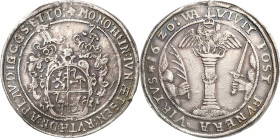 Reuss-Jüngere Linie - Gera
Heinrich der Jüngere (Posthumus) 1572-1635 Taler 1620, WA-Saalfeld Münzmeister Wolfgang Albrecht. Vierfeldiges verziertes ...