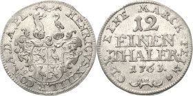 Reuss-Jüngere Linie - Schleiz
Heinrich XII. 1744-1784 1/12 Taler 1763, ICE-Saalfeld Schmidt und Knab 527 Jaeger 112 b Kl. Zainende, vorzüglich