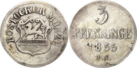 Rostock
 Silberabschlag des 3 Pfennig 1855, BS-Benjamin Steinhorst 20,8 mm, 2,75 g Kunzel 322 Anm. AKS zu 88 Jaeger zu 94 Sehr selten. Kl. Kratzer, s...