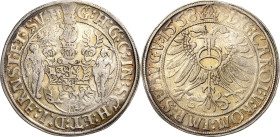 Schwarzburg-Arnstadt und Sondershausen gemeinsam
Günther XLI. und Johann Günther 1552-1569 Taler 1558, Arnstadt Mit Titel Karls V. Dreifach behelmtes...