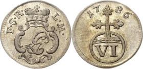 Schwarzburg-Rudolstadt
Ludwig Günther II. 1767-1790 6 Pfennig 1786, Saalfeld Jaeger 13 Bethe 1319 Fischer 582 Prachtexemplar. Stempelglanz
