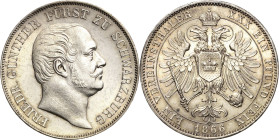 Schwarzburg-Rudolstadt
Friedrich Günther 1807-1867 Taler 1866, München AKS 13 Jaeger 56 Kahnt 537 Davenport 918 Av. Winz. Kratzer, vorzüglich-Stempel...
