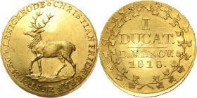 Stolberg-Wernigerode
Christian Friedrich 1778-1824 Dukat 1818, Clausthal Auf die Goldene Hochzeit mit Eleonore von Stolberg-Stolberg. Hirsch nach lin...