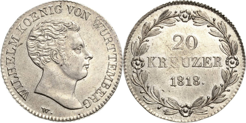 Württemberg
Wilhelm I. 1816-1864 20 Kreuzer 1818. Lorbeerkranz mit 4 Rosetten A...