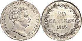 Württemberg
Wilhelm I. 1816-1864 20 Kreuzer 1818. Lorbeerkranz mit 4 Rosetten AKS 88 Anm. Jaeger 35 Klein/Raff 54.1 Attraktives Exemplar. Leicht beri...