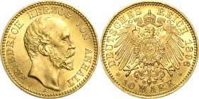 Anhalt
Friedrich I. 1871-1904 10 Mark 1896 A Jaeger 180 Prachtvolles Exemplar. Winz. Randfehler, fast Stempelglanz