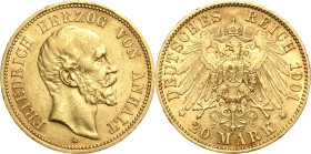 Anhalt
Friedrich I. 1871-1904 20 Mark 1901 A Jaeger 181 Selten. Avers kl. Kratzer, sehr schön-vorzüglich
