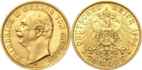 Anhalt
Friedrich II. 1904-1918 20 Mark 1904 A Jaeger 182 Avers leicht bearbeitet, sehr schön-vorzüglich