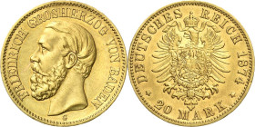 Baden
Friedrich I. 1856-1907 20 Mark 1874 G Jaeger 187 Leicht bearbeitet, sehr schön-vorzüglich