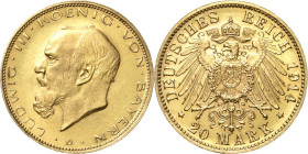 Bayern
Ludwig III. 1913-1918 20 Mark 1914 D Jaeger 202 Sehr selten. Kl. Kratzer, vorzüglich-Stempelglanz