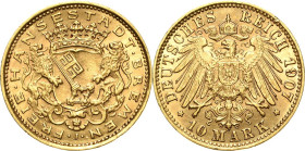 Bremen
1875-1915 10 Mark 1907 J Jaeger 204 Selten. Kl. Randfehler, vorzüglich-prägefrisch