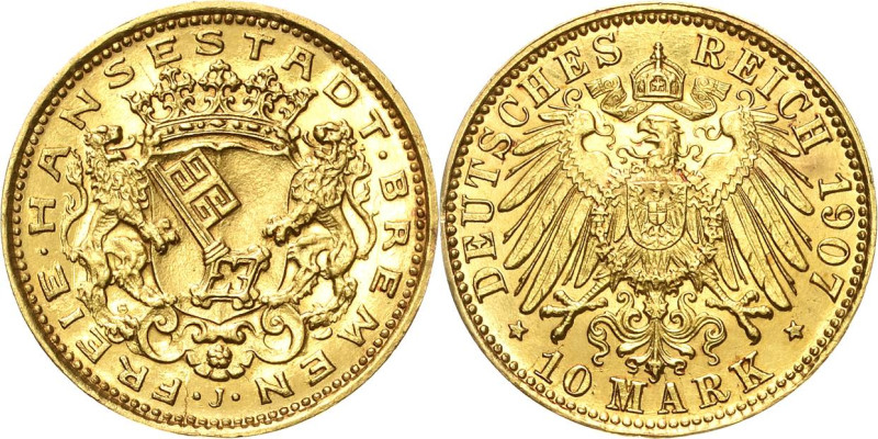 Bremen
 10 Mark 1907 J Jaeger 204 Selten. Vom polierten Stempel. Leichte Fassun...