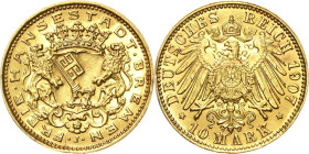 Bremen
 10 Mark 1907 J Jaeger 204 Selten. Vom polierten Stempel. Leichte Fassungsspuren, fast vorzüglich