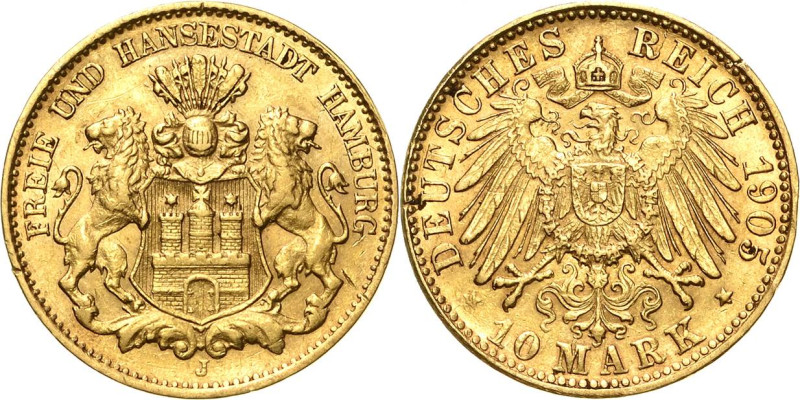 Hamburg
 10 Mark 1905 J Jaeger 211 Randfehler, sehr schön+