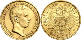 Mecklenburg-Schwerin
Friedrich Franz IV. 1897-1918 20 Mark 1901 A Jaeger 234 Selten. Avers leicht bearbeitet, sehr schön-vorzüglich