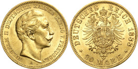 Preußen
Wilhelm II. 1888-1918 20 Mark 1888 A Jaeger 250 Kl. Randfehler, fast vorzüglich/vorzüglich-Stempelglanz