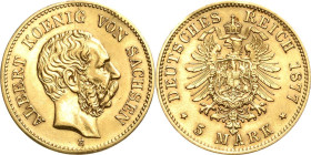 Sachsen
Albert 1873-1902 5 Mark 1877 E Jaeger 260 Leichte Fassungsspuren, sehr schön-vorzüglich