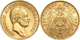 Sachsen
Friedrich August III. 1904-1918 20 Mark 1905 E Jaeger 268 Fast vorzüglich/vorzüglich-Stempelglanz