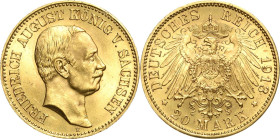 Sachsen
Friedrich August III. 1904-1918 20 Mark 1913 E Jaeger 268 Avers kl. Kratzer, vorzüglich/fast Stempelglanz