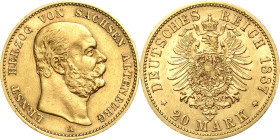 Sachsen-Altenburg
Ernst 1853-1908 20 Mark 1887 A Jaeger 269 Selten. Avers min. bearbeitet, sehr schön-vorzüglich