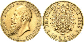 Sachsen-Meiningen
Georg II. 1866-1914 20 Mark 1889 D Jaeger 277 Sehr selten. Bearbeitet, sehr schön/sehr schön+