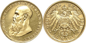 Sachsen-Meiningen
Georg II. 1866-1914 20 Mark 1910 D Jaeger 281 Sehr selten. Avers min. Kratzer, Polierte Platte