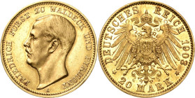 Waldeck und Pyrmont
Friedrich 1893-1918 20 Mark 1903 A Jaeger 288 Selten. Fassungsspuren, leicht bearbeitet, sehr schön-vorzüglich