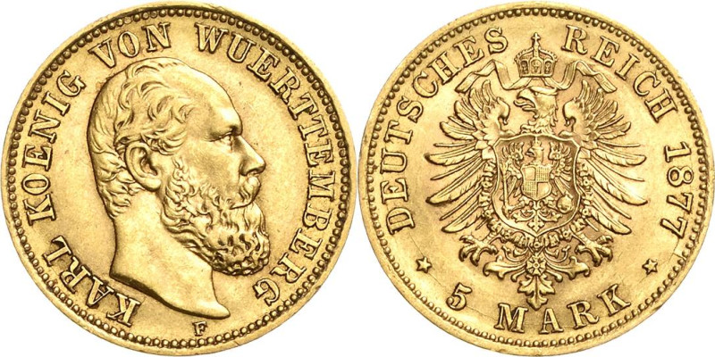 Württemberg
Karl 1864-1891 5 Mark 1877 F Jaeger 291 Fast vorzüglich