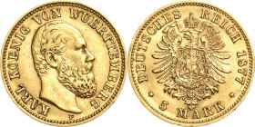 Württemberg
Karl 1864-1891 5 Mark 1877 F Jaeger 291 Fast vorzüglich