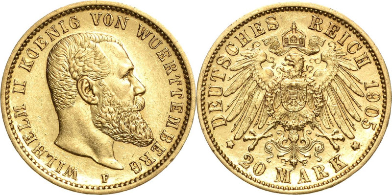 Württemberg
Wilhelm II. 1891-1918 20 Mark 1905 F Jaeger 296 Kl. Kratzer, sehr s...