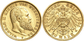 Württemberg
Wilhelm II. 1891-1918 20 Mark 1905 F Jaeger 296 Kl. Kratzer, sehr schön-vorzüglich