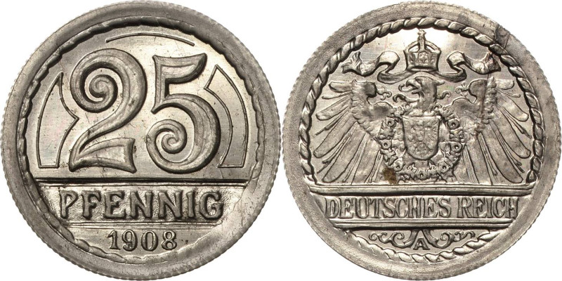 Proben und Abschläge Kleinmünzen
 25 Pfennig 1908 D Kupfer-Nickel. Rand geriffe...